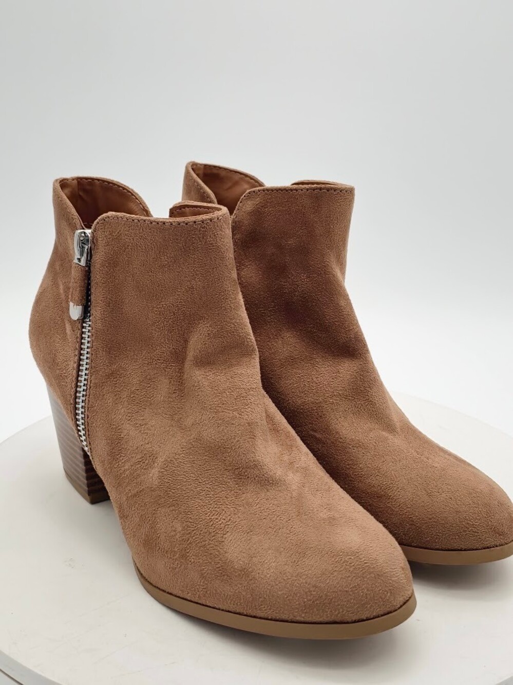 Style & Co Tan Suede Ankle Boots Women 6.5 Block Heel Side Zip Booties